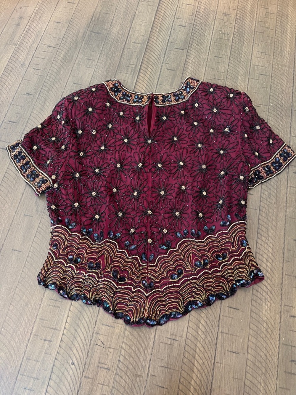 Vintage Papell Boutique 100% Silk Burgundy Beaded Floral Embellished Top Sz XL